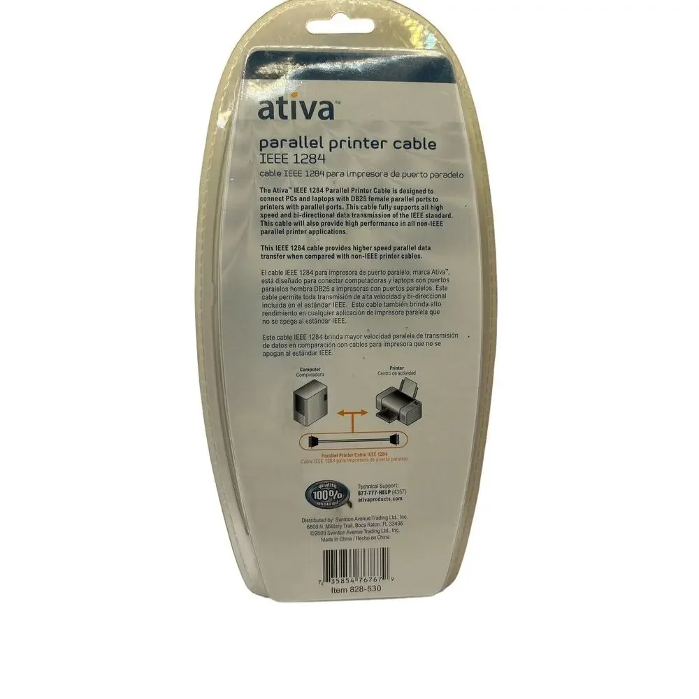 Ativa Connect Parallel Printer Cable IEEE 1284 6Ft 828-530 DB25 Male/CEN36 Male